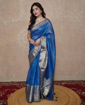 blue silk blend linen saree 1