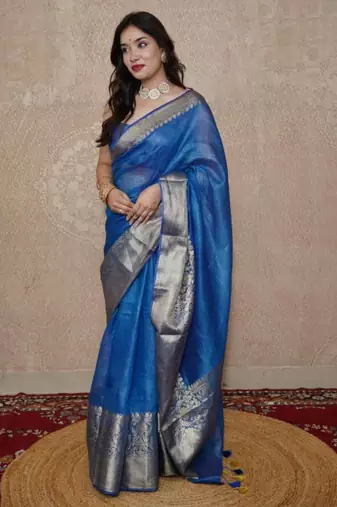 blue silk blend linen saree