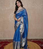 blue silk blend linen saree