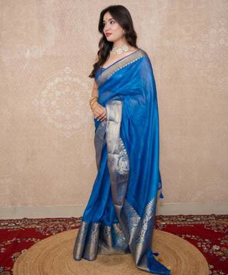 blue silk blend linen saree 3