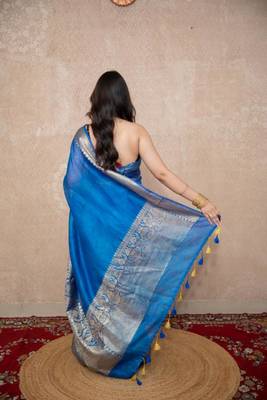 blue silk blend linen saree 4