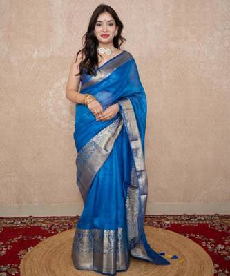 blue silk blend linen saree 5