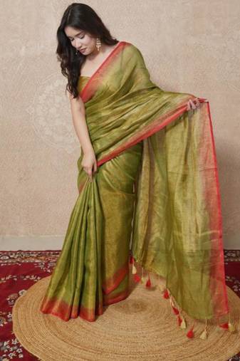 green zari linen  saree