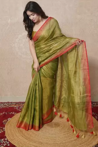 green zari linen  saree
