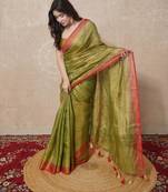 green zari linen  saree