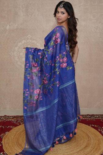 blue silk blend linen saree