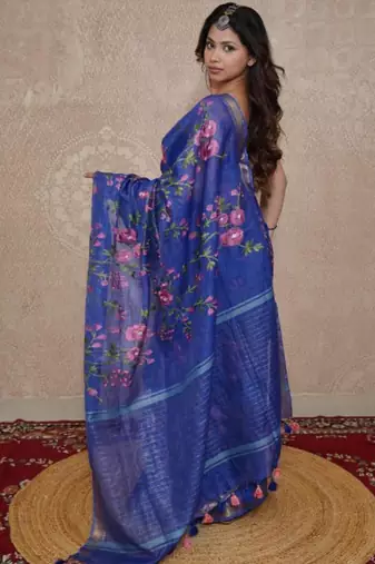 blue silk blend linen saree