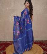 blue silk blend linen saree