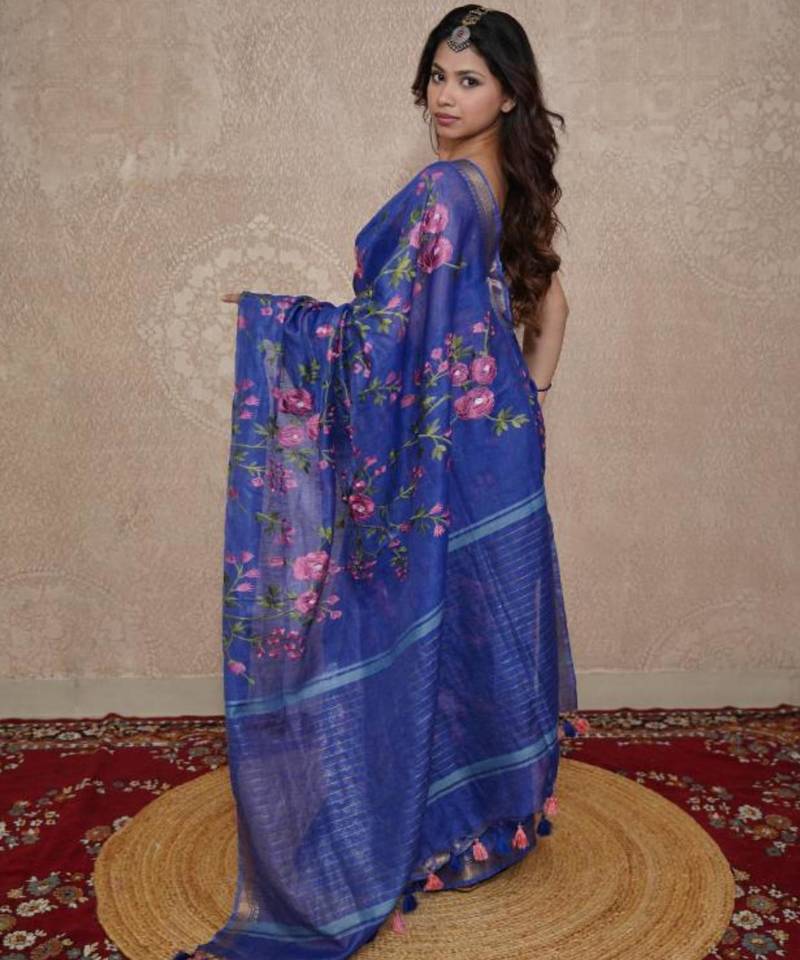 blue silk blend linen saree