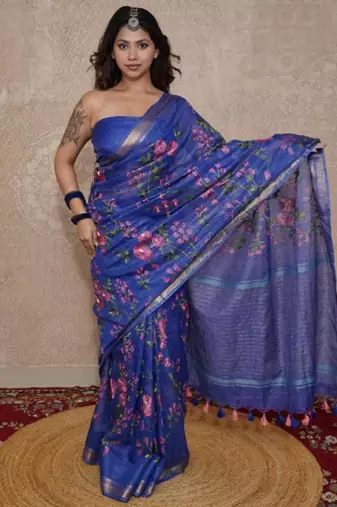 blue silk blend linen saree