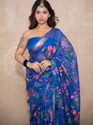 blue silk blend linen saree 3