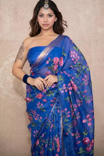 blue silk blend linen saree