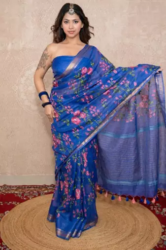 blue silk blend linen saree