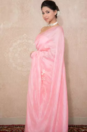 pink silk blend linen saree