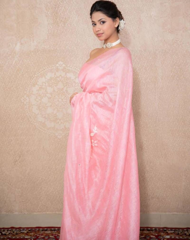 pink silk blend linen saree