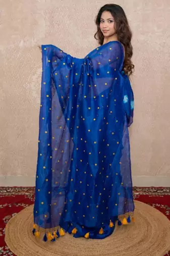 blue tikli work saree