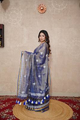 blue zari linen saree 1