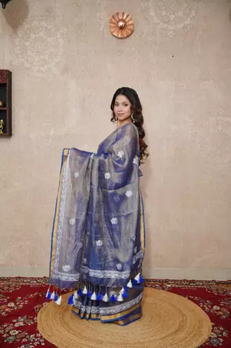 blue zari linen saree