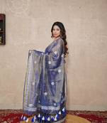 blue zari linen saree