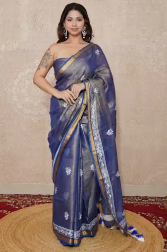 blue zari linen saree