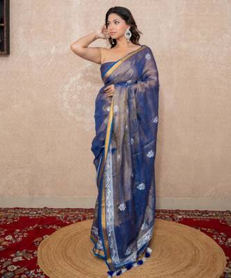 blue zari linen saree 3
