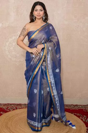 blue zari linen saree