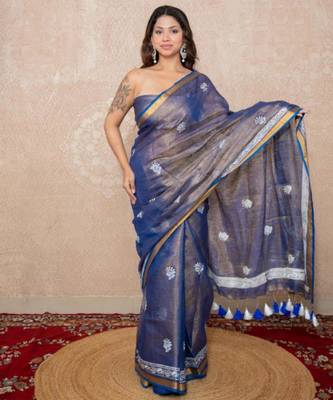blue zari linen saree 5