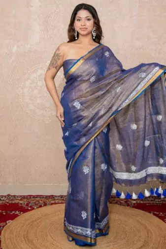 blue zari linen saree