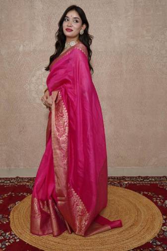 pink silk blend linen saree