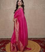 pink silk blend linen saree