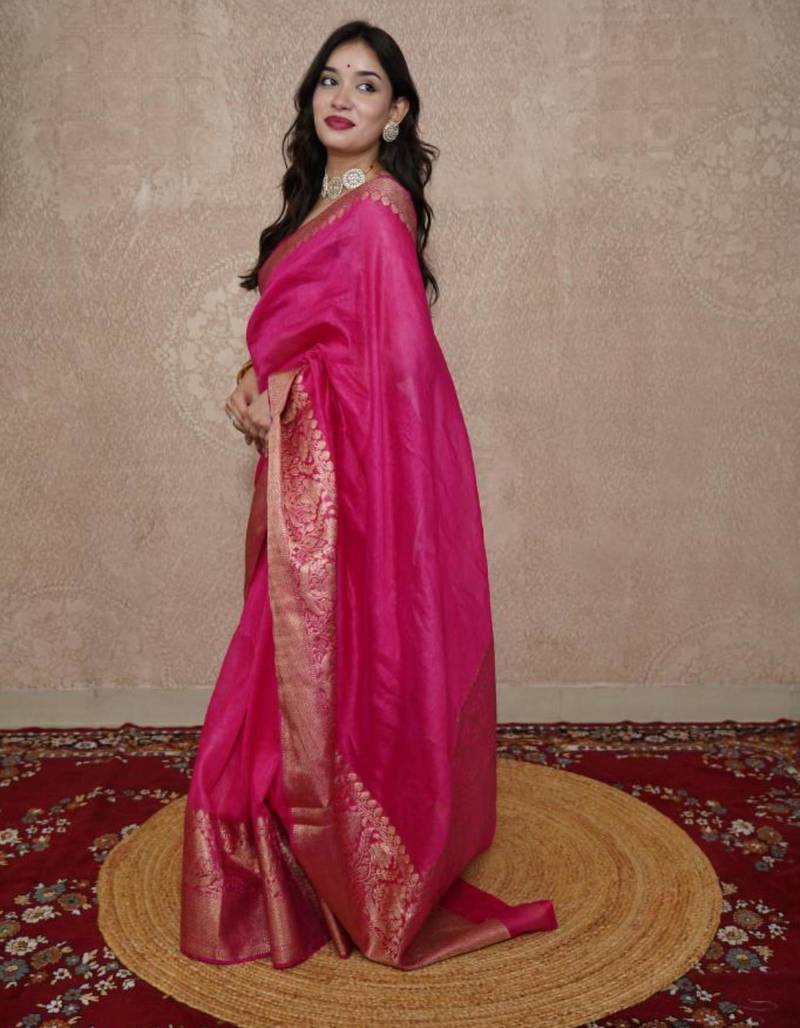 pink silk blend linen saree
