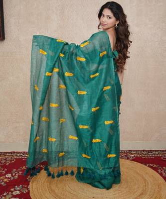 green silk blend saree with leaf embroidery 1