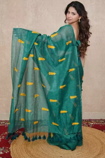 green silk blend saree with leaf embroidery