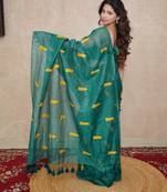 green silk blend saree with leaf embroidery