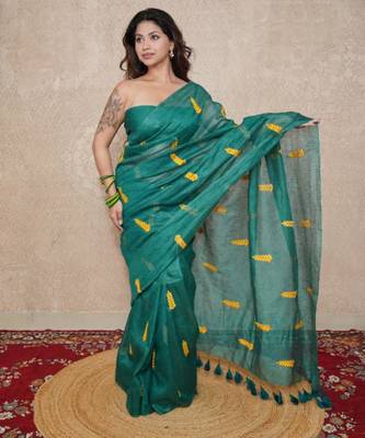 green silk blend saree with leaf embroidery 2