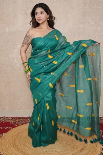 green silk blend saree with leaf embroidery