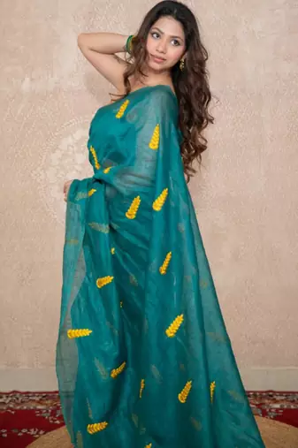 green silk blend saree with leaf embroidery