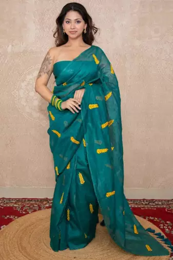 green silk blend saree with leaf embroidery