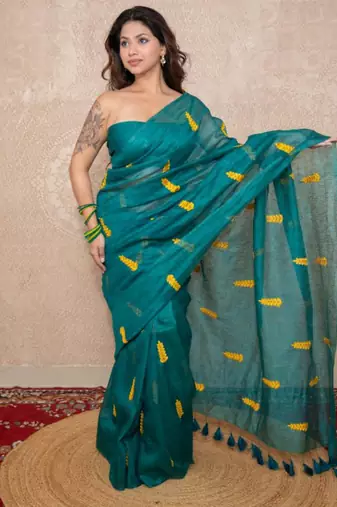 green silk blend saree with leaf embroidery