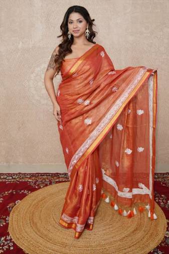 orange zari linen saree