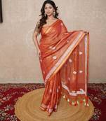 orange zari linen saree
