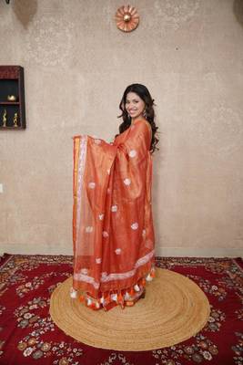 orange zari linen saree 2