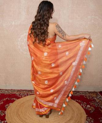 orange zari linen saree 3