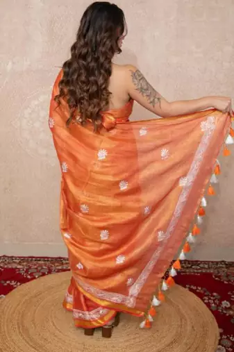orange zari linen saree