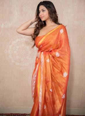 orange zari linen saree 5