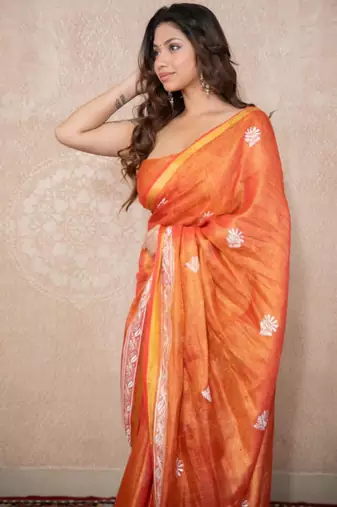 orange zari linen saree