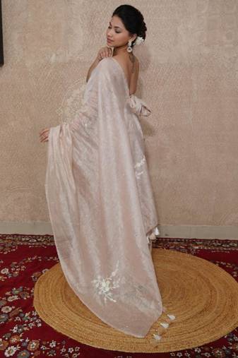 beige silk blend linen saree
