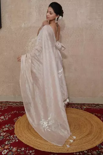 beige silk blend linen saree