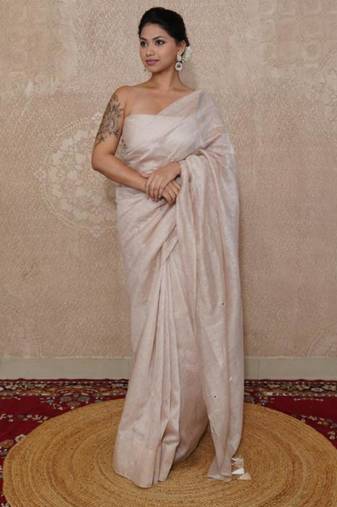 beige silk blend linen saree