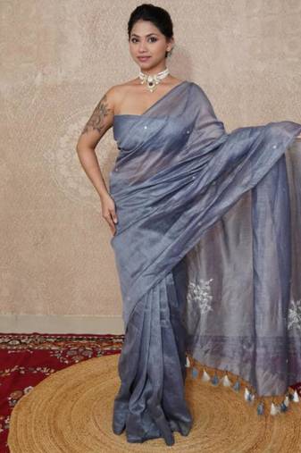 grey silk blend linen saree